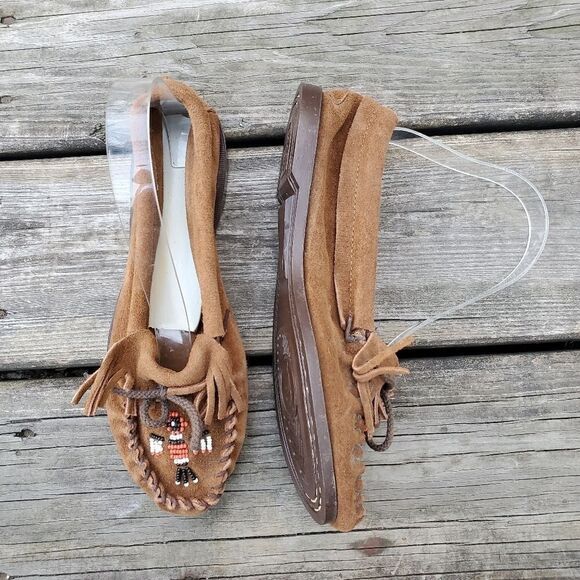 Vintage 70s Western Boho NativeMoccasins Beaded Thunderbird Suede Leather Fringe - Picture 1 of 6